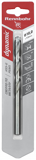 Сверло по металлу ЦХ, 10,5х133мм, HSS-G, P6M5, 1шт/уп RENNBOHR DYNAMIC CARD