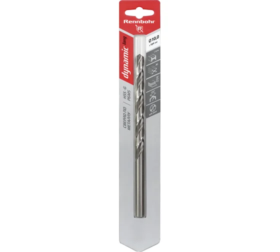 Сверло по металлу ЦХ, 10,0х184мм, HSS-G, P6M5, 1шт/уп, RENNBOHR DYNAMIC LONG CARD 669100