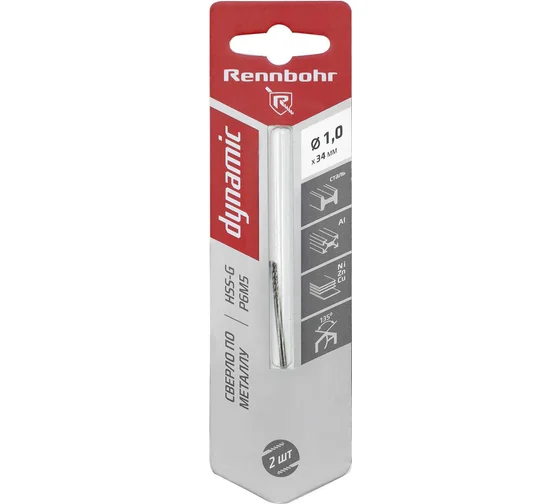 Сверло по металлу ЦХ, 1,0х34мм, HSS-G, P6M5, 2шт/уп RENNBOHR DYNAMIC CARD