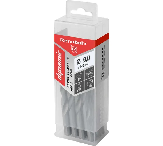 Сверло по металлу ЦХ, 9,0х125мм, HSS-G, P6M5, 1шт/уп RENNBOHR DYNAMIC CARD