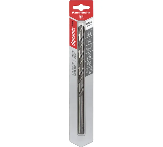 Сверло по металлу ЦХ, 13,0х205мм, HSS-G, P6M5, 1шт/уп, RENNBOHR DYNAMIC LONG CARD 669130