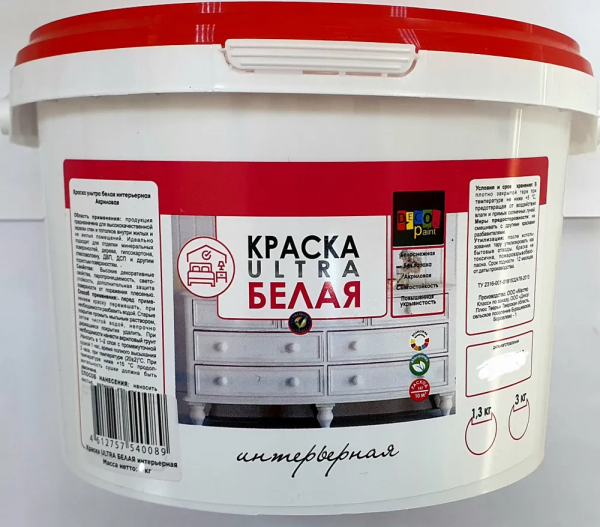 Краска ВД интерьерная  "Dekor paint" супербелая  1,3 кг (10)