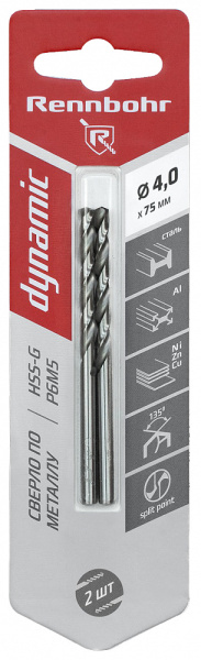 Сверло по металлу ЦХ, 4,0х75мм, HSS-G, P6M5, 2шт/уп RENNBOHR DYNAMIC CARD