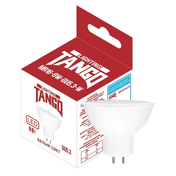 Лампа светодиодная 8W GU5.3 MR16 4000K 220V (TANGO LED-MR16-8W-GU5.3-W) TANGO