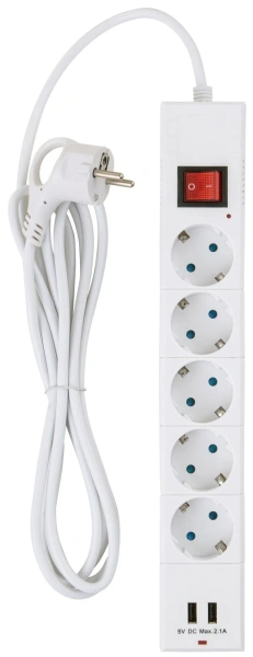 Удлинитель 5 гнезд, с выключаталем, с зазем., шторки, 3м, 3*1,5мм2, 2 USB,3680W, белый, duwi