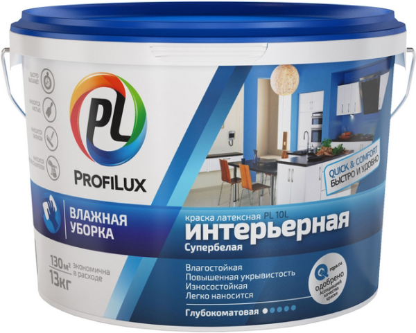 Краска В/Д  латекс. интерьерная влагостойкая супербелая "Profilux" PL-10L, 3кг ССС