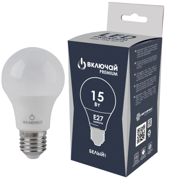 Лампа светодиодная PREMIUM стандарт 15W E27 A60 4000K 220V Включай (LED PREMIUM A60-15W-E27-W)
