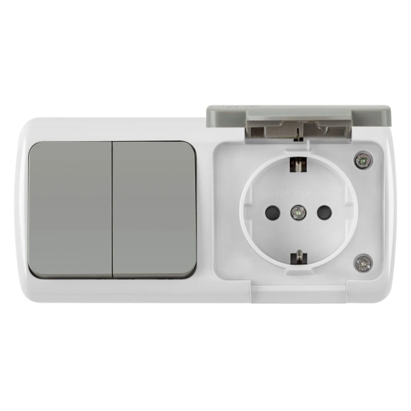Блок розетка с/з с крышкой + 2 кл выключатель серый ОП, IP54 VKL electric Уличный (1/5/60)