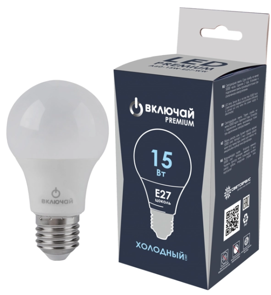 Лампа светодиодная PREMIUM стандарт 15W E27 A60 6500K 220V Включай (LED PREMIUM A60-15W-E27-WW)