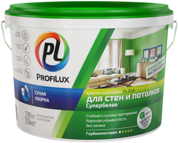Краска В/Д  акриловая для стен и потолков супербелая "Profilux" PL-04A,14 кг