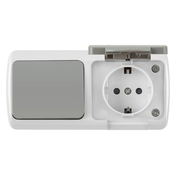Блок розетка с/з с крышкой + 1 кл выключатель серый ОП, IP54 VKL electric Уличный (1/5/60)