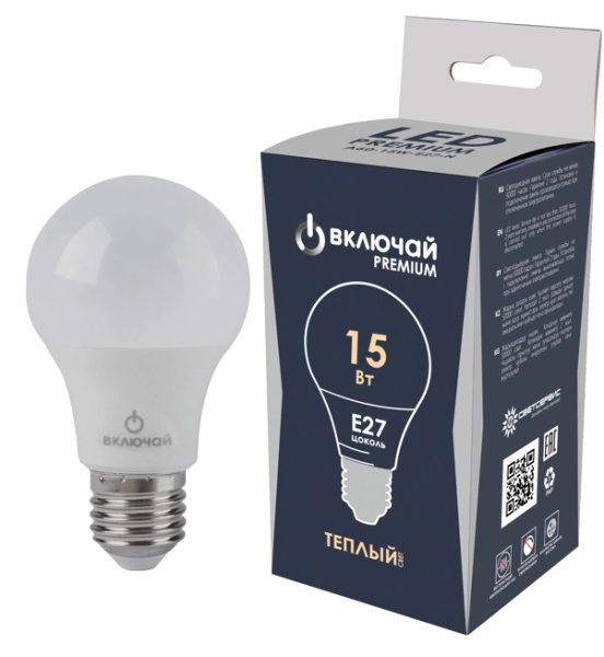 Лампа светодиодная PREMIUM стандарт 15W E27 A60 3000K 220V Включай (LED PREMIUM A60-15W-E27-N)