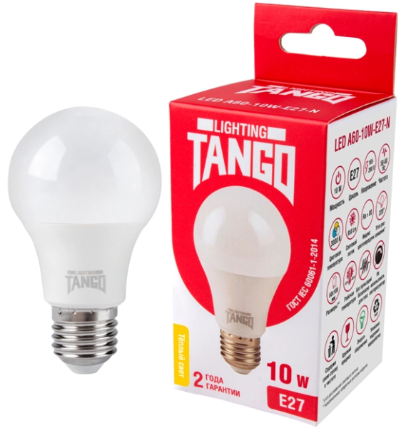 Лампа светодиодная TANGO стандарт 10W E27 A60 3000K 220V (TANGO LED А60-10W-E27-N) РОССИЯ