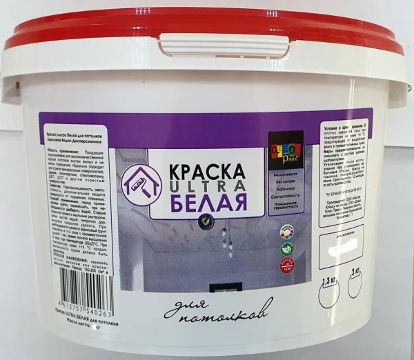 Краска ВД для потолков  "Dekor paint" супербелая  1,3 кг (10)